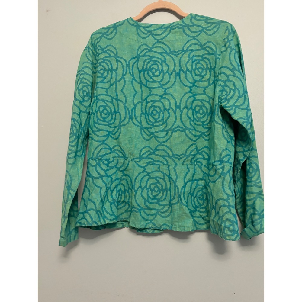 FLAX 100% Linen Floral Print Button Front Peplum Jacket Green Blue Small - Picture 3 of 9